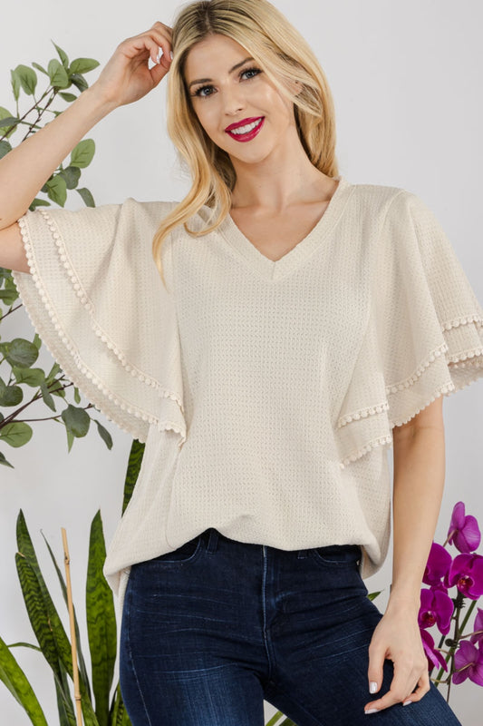 Celeste Full Size V-Neck Lace Trim Flutter Sleeve Top Trendsi