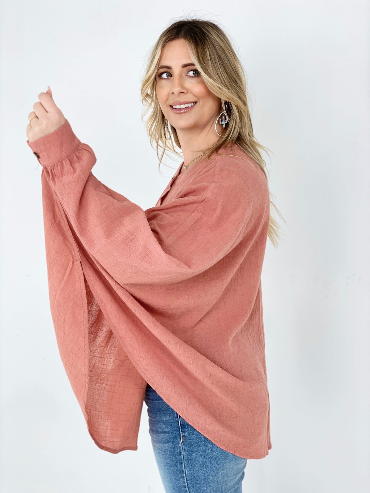 Easel Textured Cotton Linen Oversized Top Kiwidrop