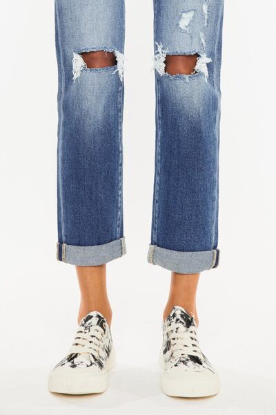 Kancan High Waist Distressed Hem Detail Cropped Straight Jeans Trendsi