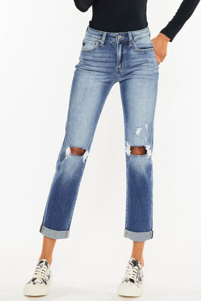 Kancan High Waist Distressed Hem Detail Cropped Straight Jeans Trendsi
