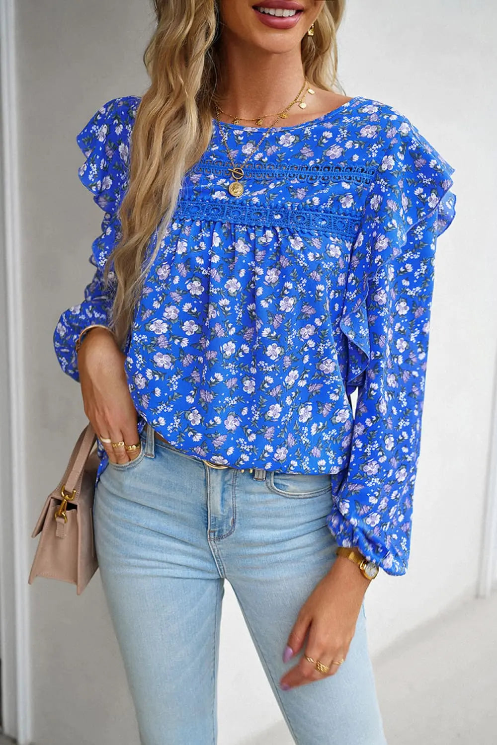 Printed Round Neck Long Sleeve Blouse Trendsi