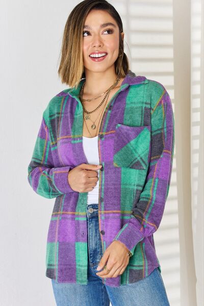 Zenana Plaid Button Up Long Sleeve Shacket Trendsi