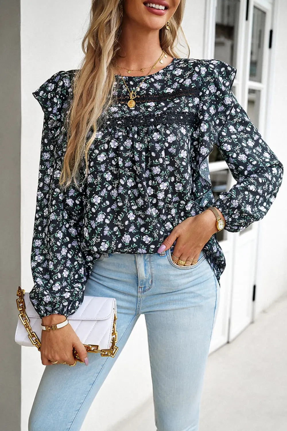Printed Round Neck Long Sleeve Blouse Trendsi