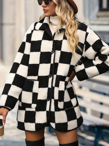 Double Take Full Size Checkered Button Front Coat with Pockets Trendsi