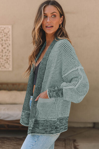 Waffle-knit Pocketed Open Front Cardigan Trendsi