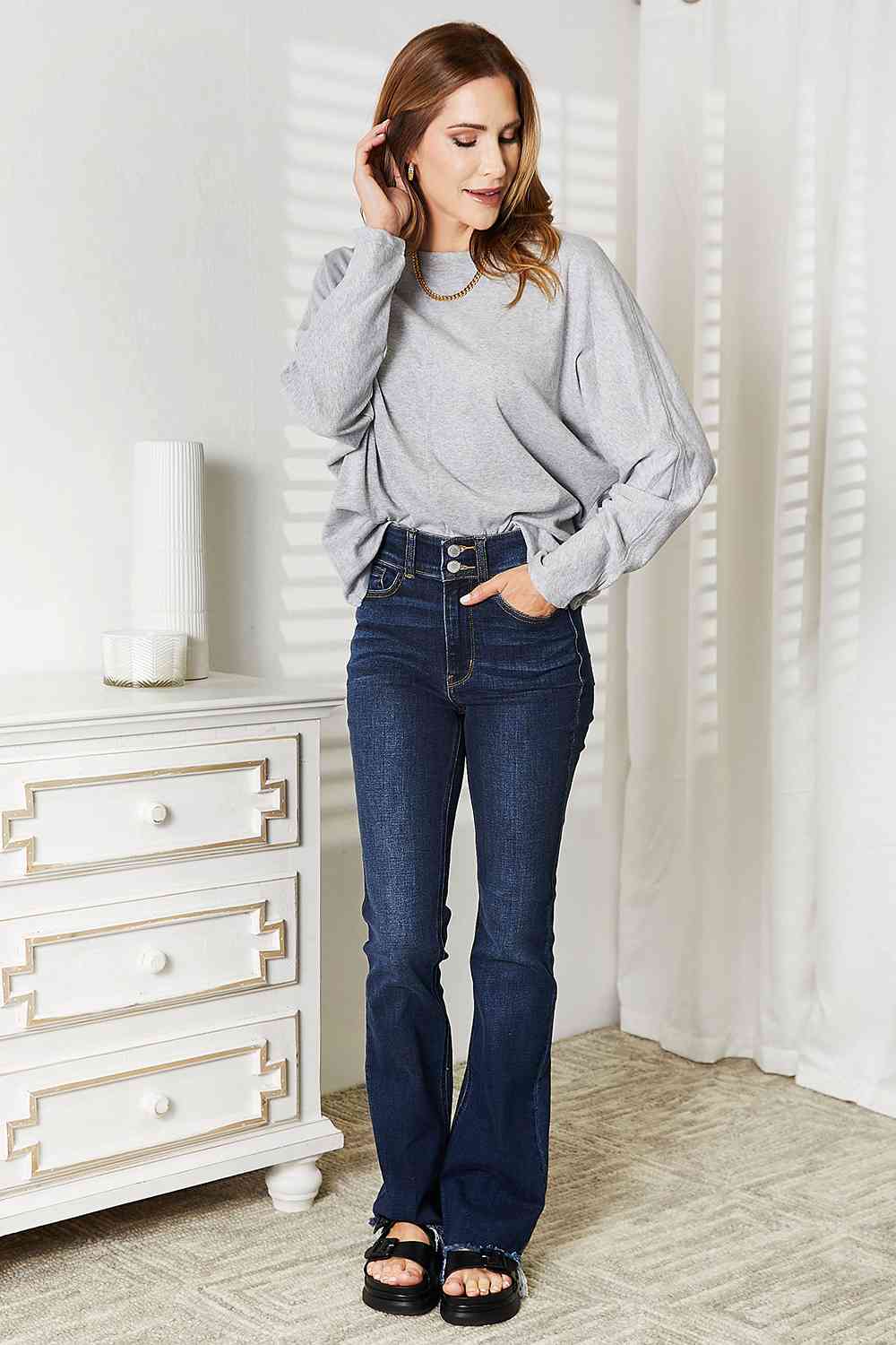 Double Take Seam Detail Round Neck Long Sleeve Top Trendsi