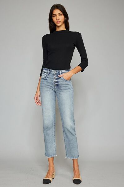 Kancan High Waist Button Fly Raw Hem Cropped Straight Jeans Trendsi