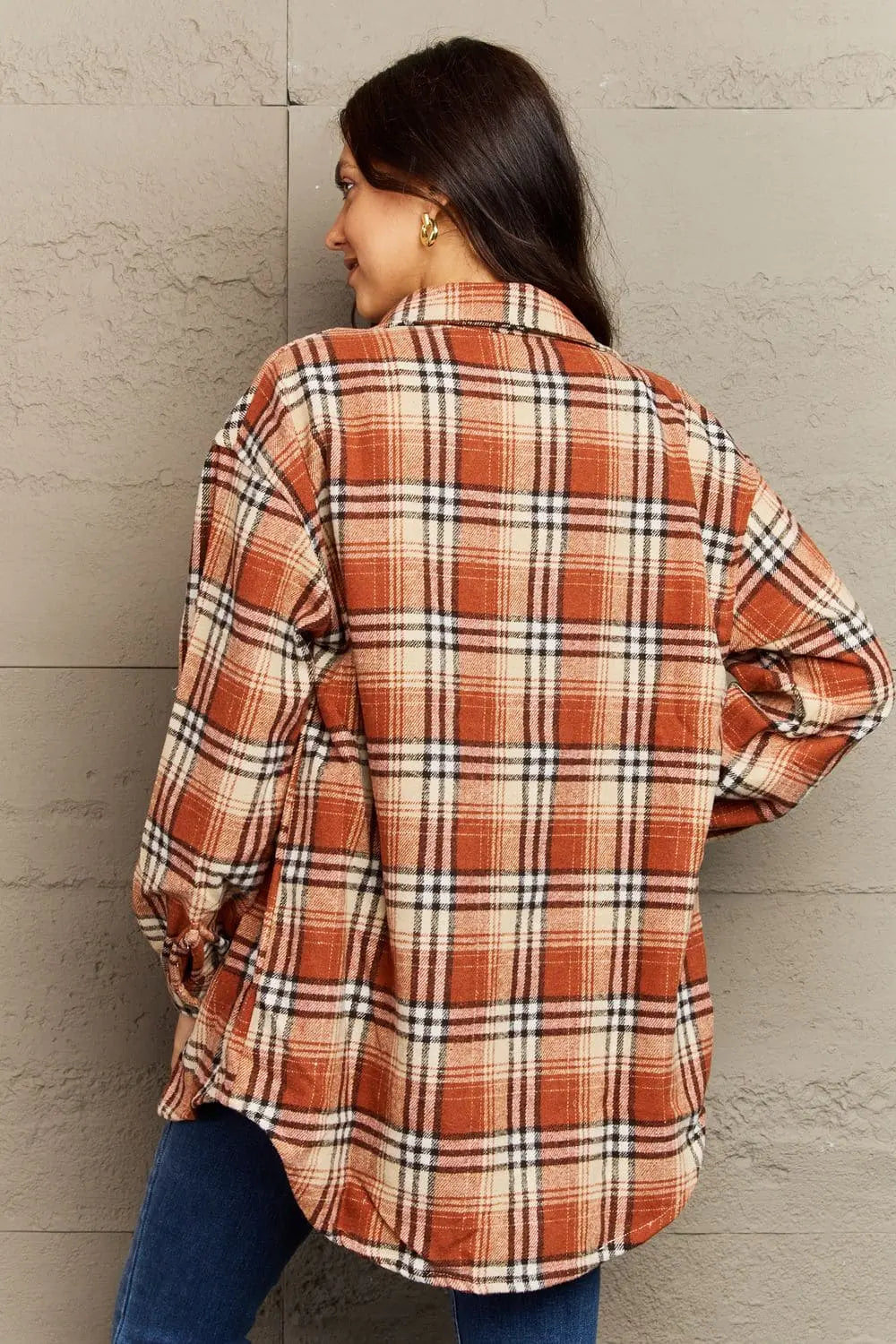 Ninexis Full Size Plaid Collared Neck Button-Down Long Sleeve Jacket Trendsi