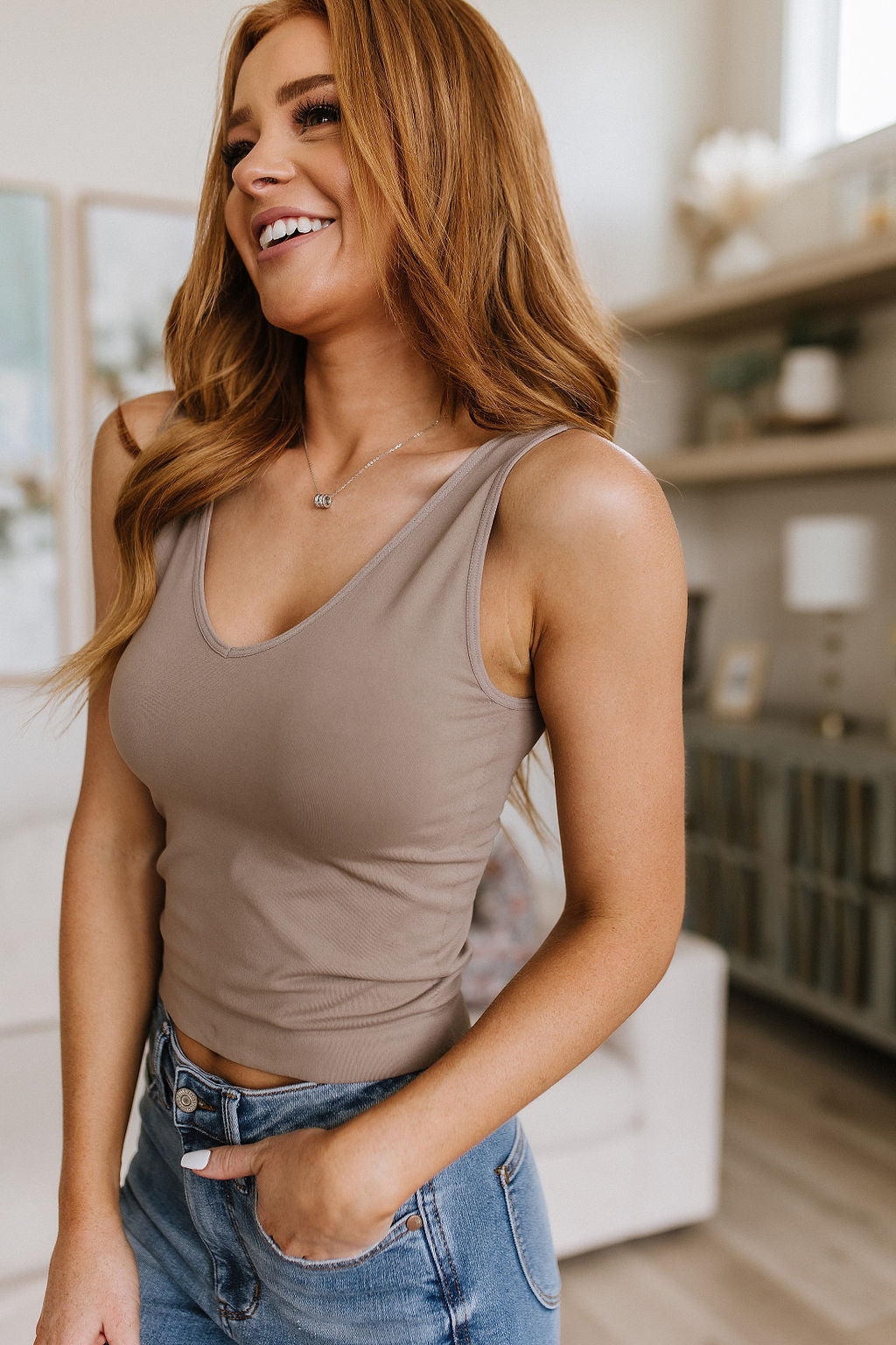 Carefree Seamless Reversible Tank in Light Mocha Ave Shops