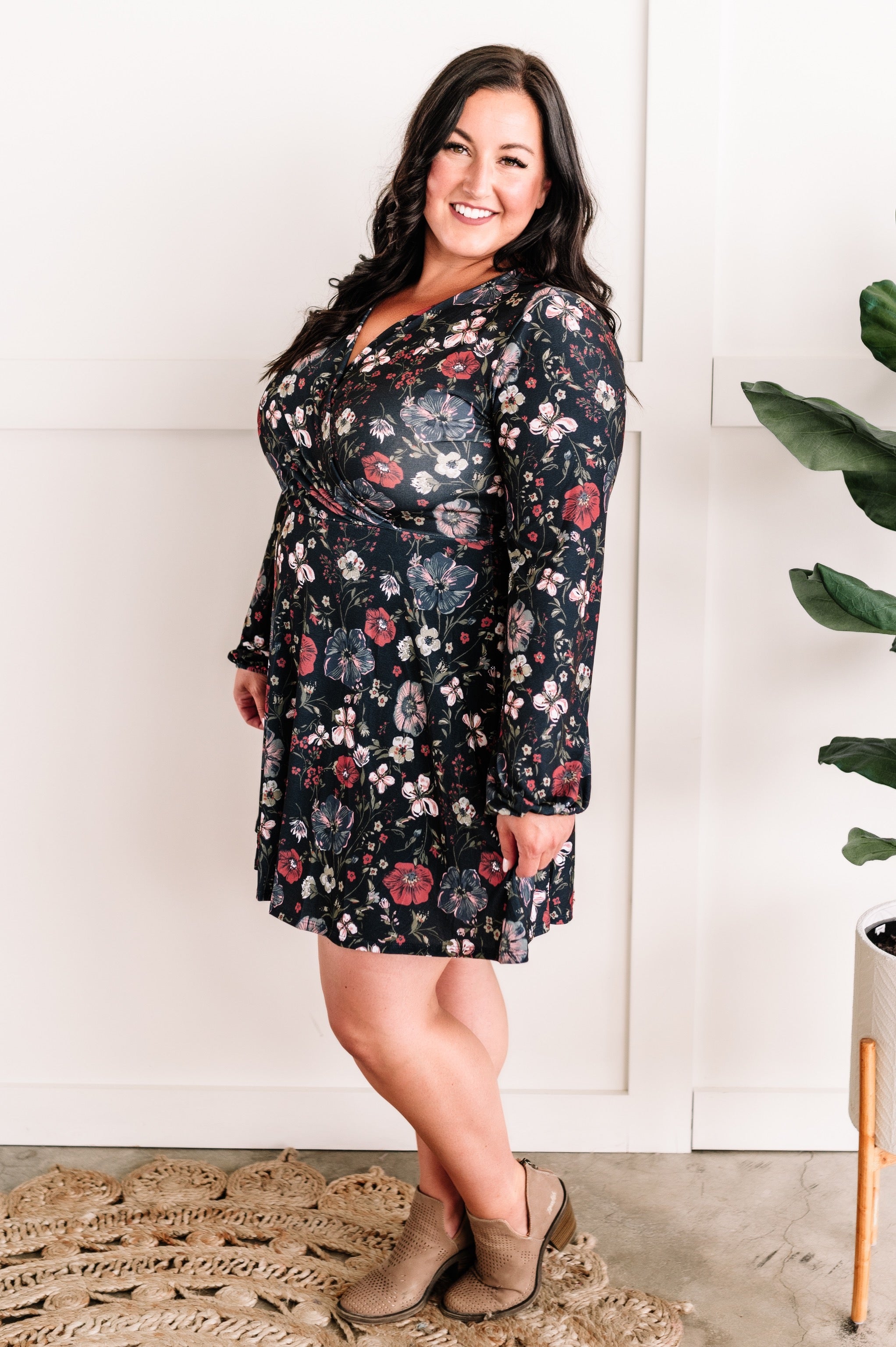 09.06 Long Sleeve Surplice Dress With Attached Shorts In Navy Florals 11.20 Kiwidrop