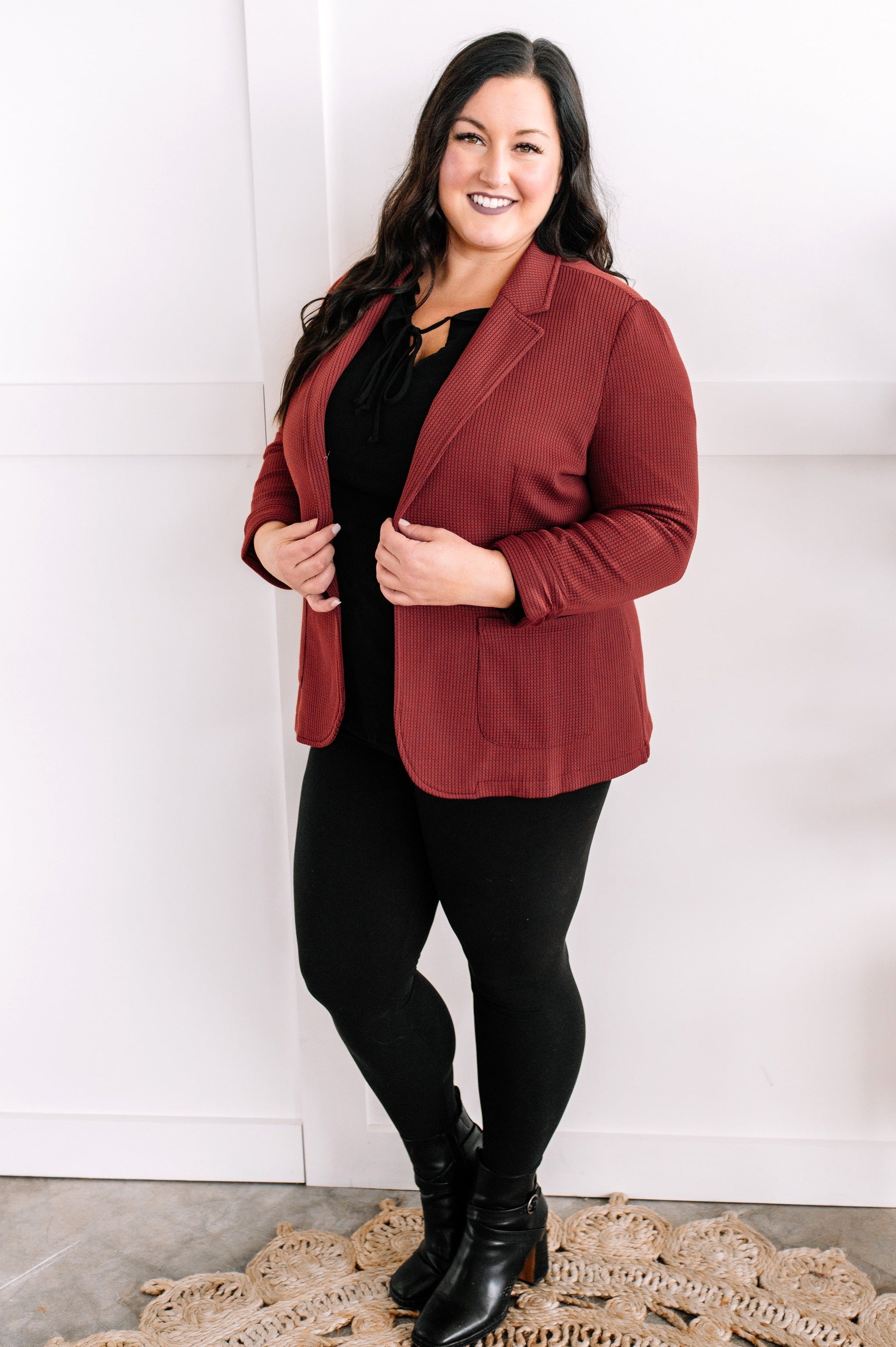 12.22 Textured Blazer With Pockets In Lingonberry American Boutique Drop Ship