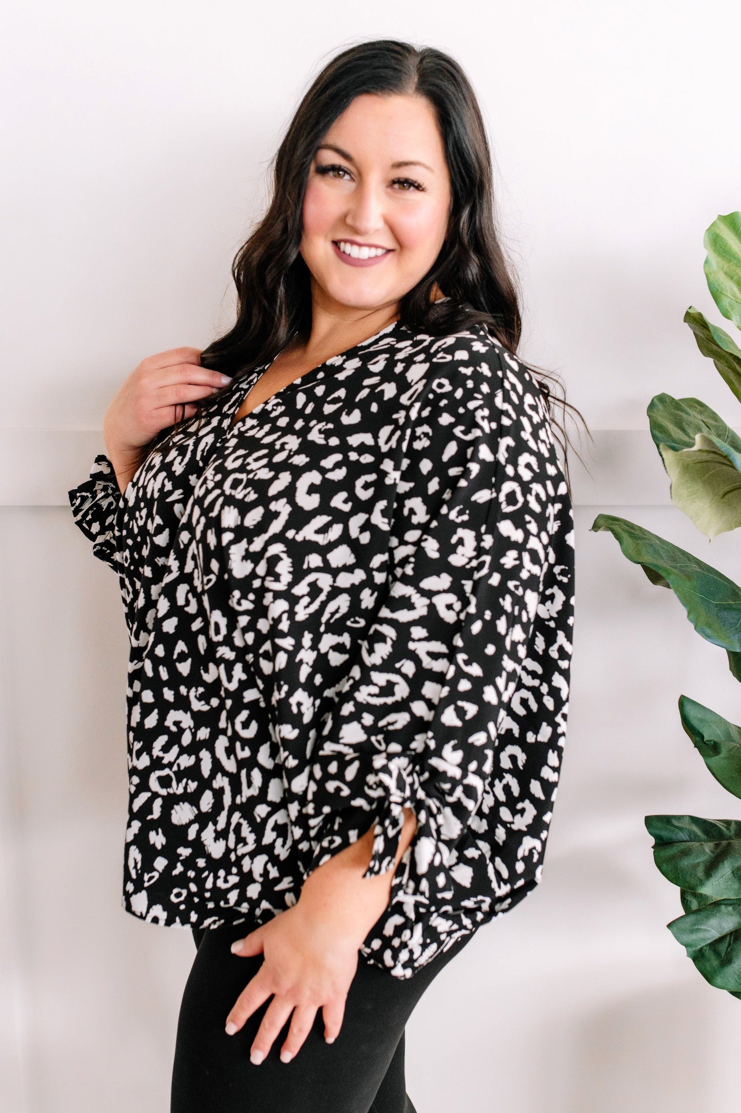 12.22 Dolman Sleeve Blouse With Bow Sleeve In Black & White Animal Print American Boutique Drop Ship