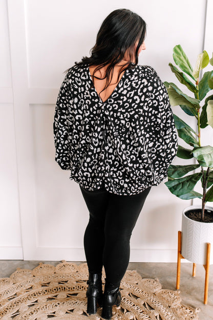 12.22 Dolman Sleeve Blouse With Bow Sleeve In Black & White Animal Print American Boutique Drop Ship