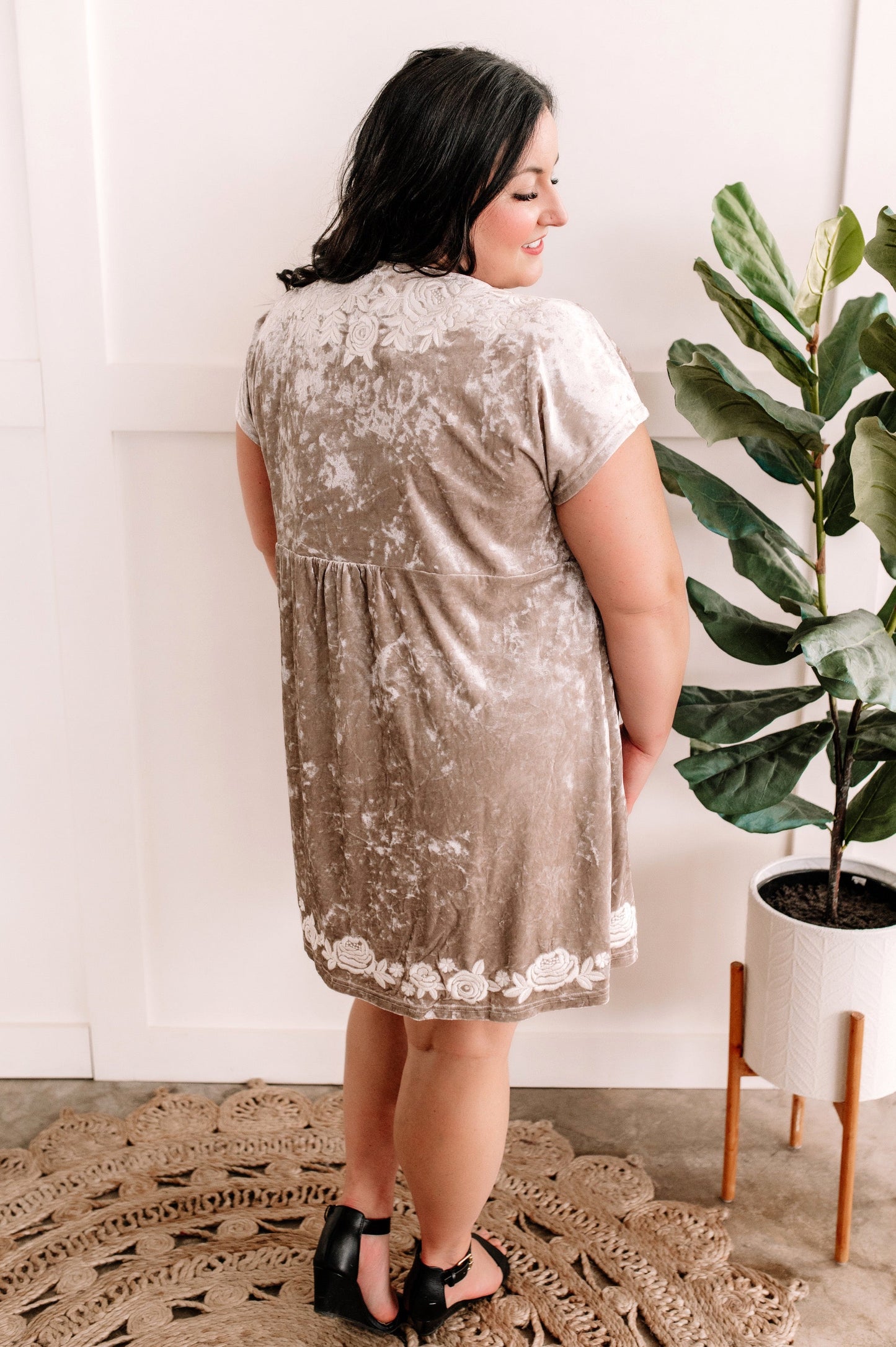 12.20 Crushed Velvet Embroidered Surplice Dress In Champagne Florals American Boutique Drop Ship