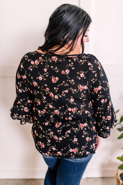1.15 Decorative Button Front Blouse With Ruffle Sleeve Detail In Dark Rose Florals American Boutique Drop Ship