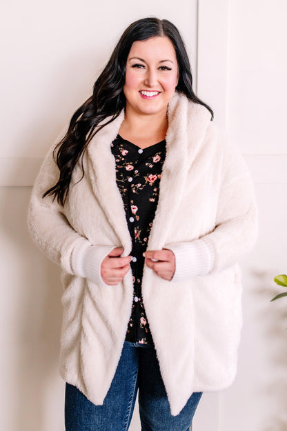 1.15 Open Front Hooded Teddy Cardigan With Pockets In Ivory American Boutique Drop Ship