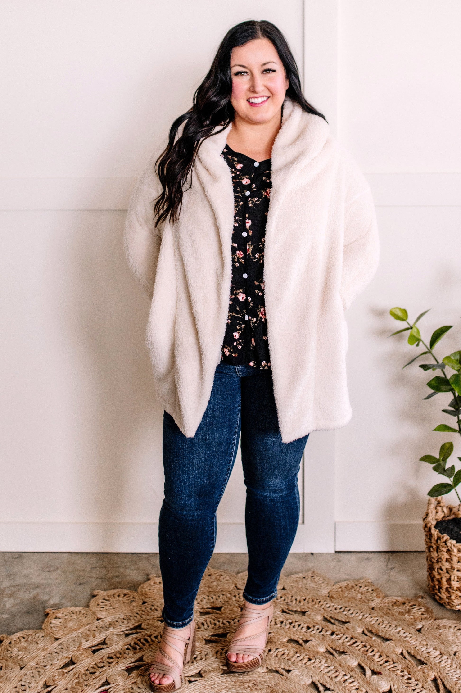 1.15 Open Front Hooded Teddy Cardigan With Pockets In Ivory American Boutique Drop Ship
