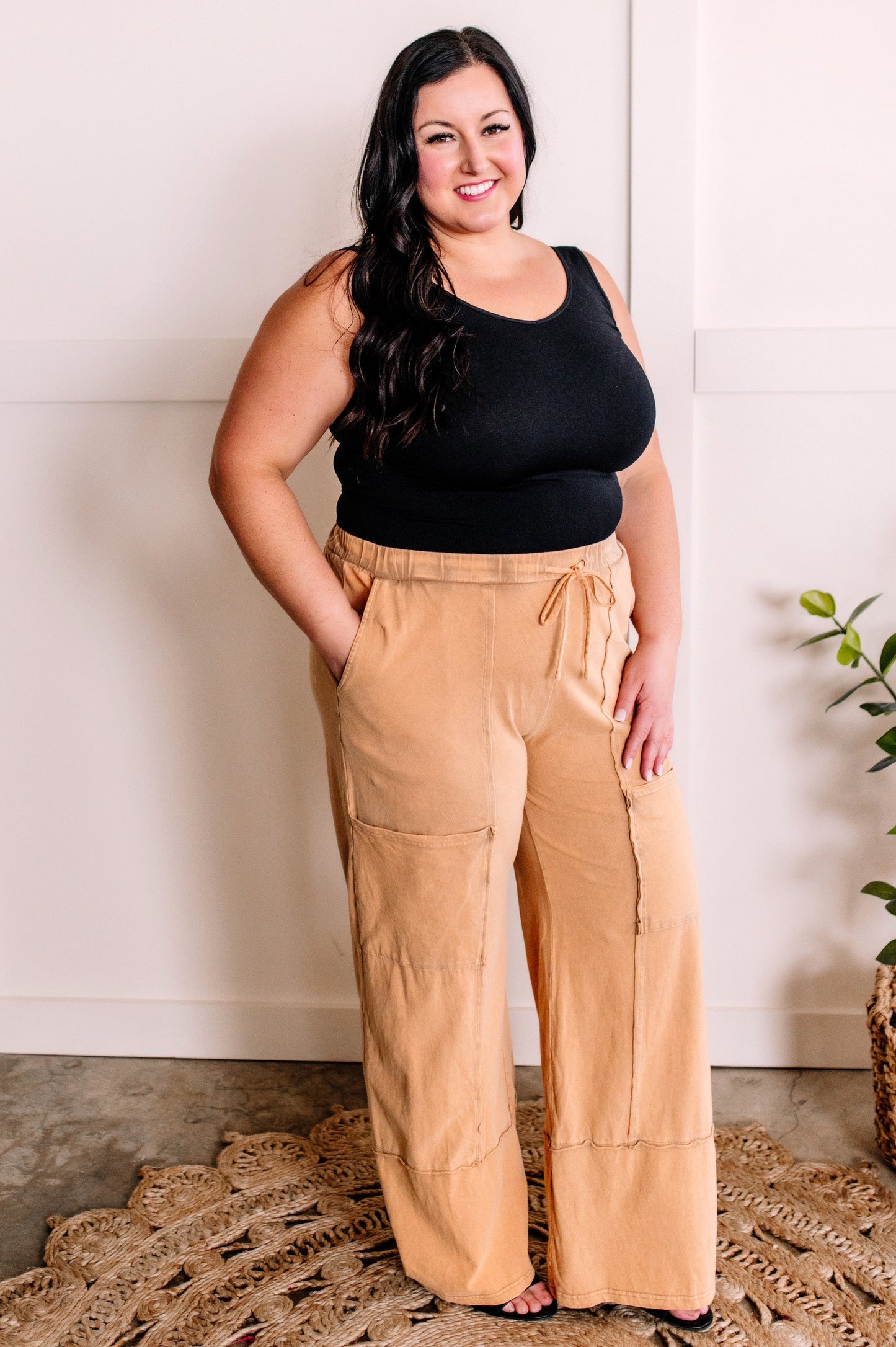 1.17 Soft, Wide Leg Cargo Pants With Pockets In Muted Marigold American Boutique Drop Ship