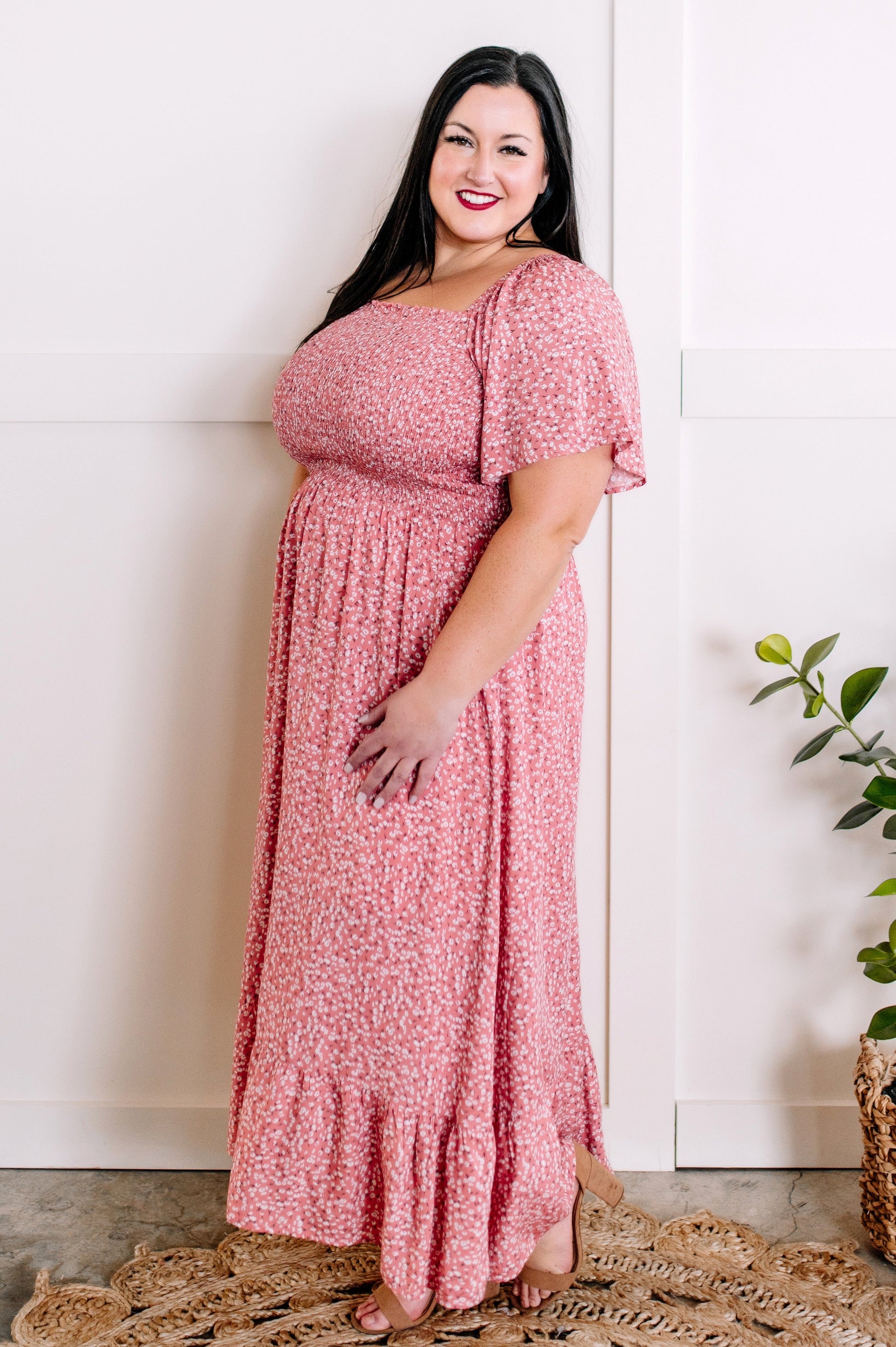 1.22 Smocked Midi Dress In Pink Ditsy Floral American Boutique Drop Ship