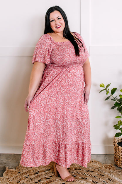 1.22 Smocked Midi Dress In Pink Ditsy Floral American Boutique Drop Ship