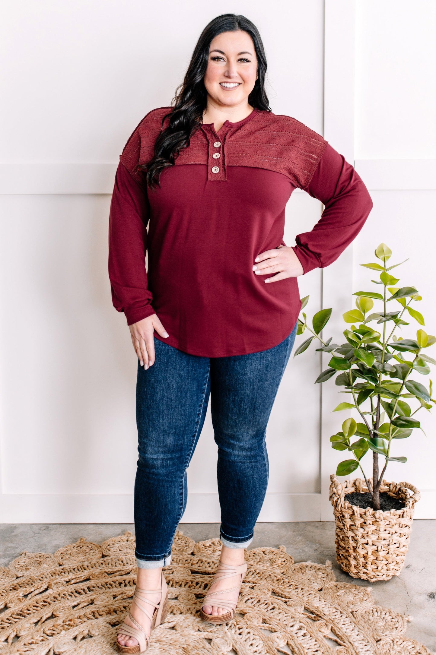 2.2 Henley Lace Front Top In Cherry American Boutique Drop Ship