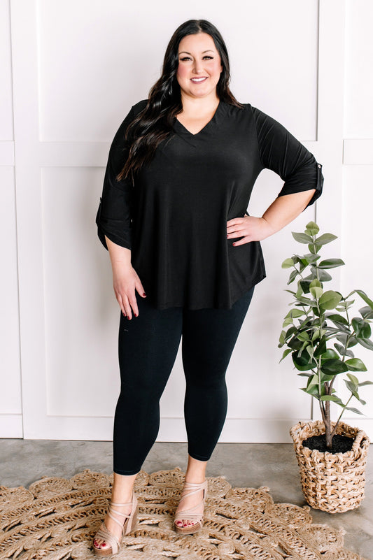 2.19 V Neck Stretchy Blouse Top With Button Sleeve Detail In Black American Boutique Drop Ship