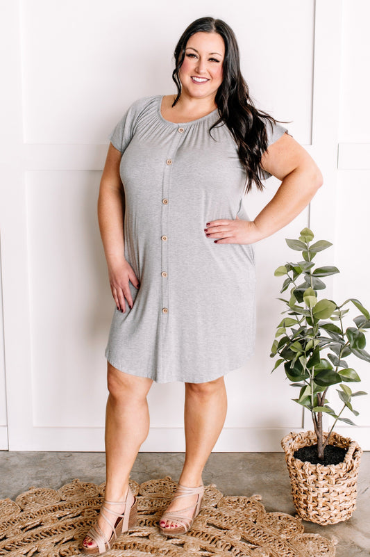 2.19 Decorative Button Front Tshirt Dress In Heathered Grey American Boutique Drop Ship