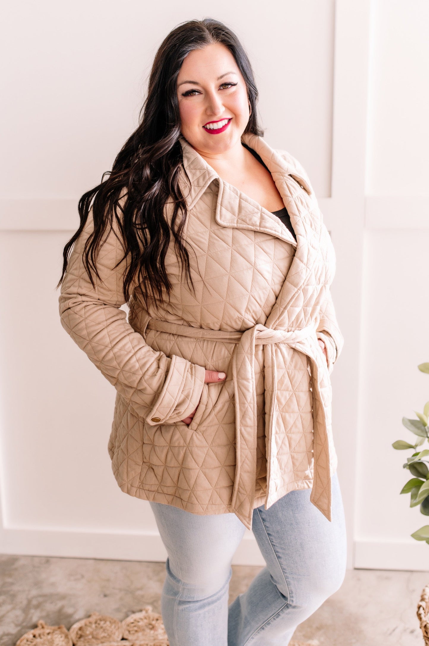 3.8 Quilted Open Front Jacket With Tie Belt In Beige American Boutique Drop Ship