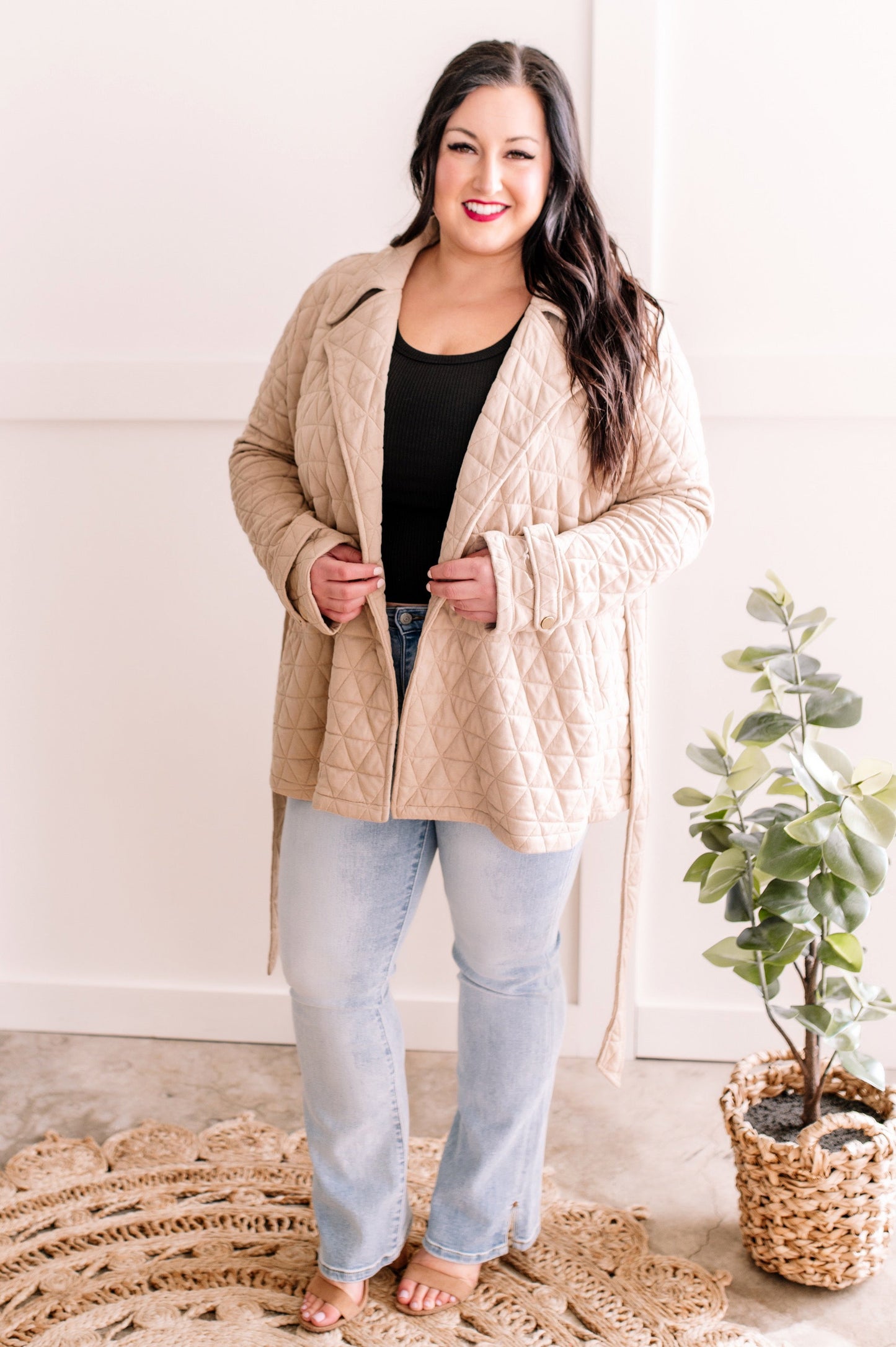 3.8 Quilted Open Front Jacket With Tie Belt In Beige American Boutique Drop Ship