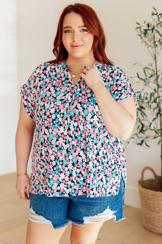 Lizzy Cap Sleeve Top in Navy and Hot Pink Floral Ave Shops