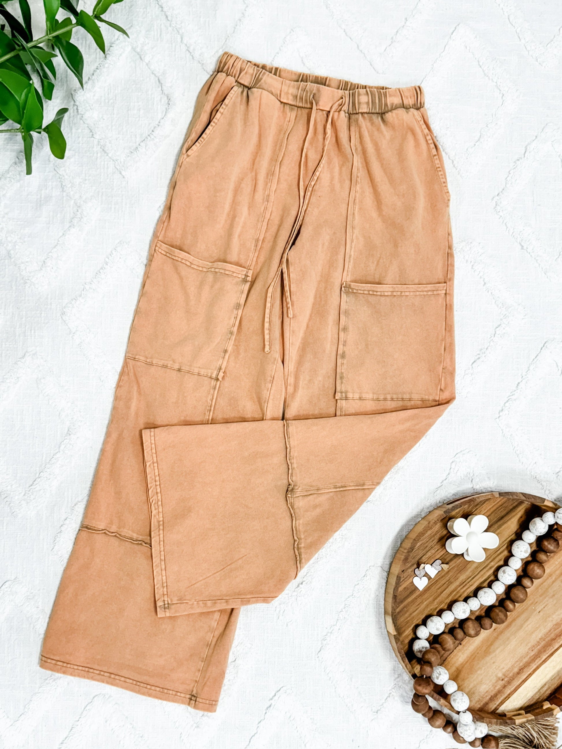 1.17 Soft, Wide Leg Cargo Pants With Pockets In Muted Marigold American Boutique Drop Ship