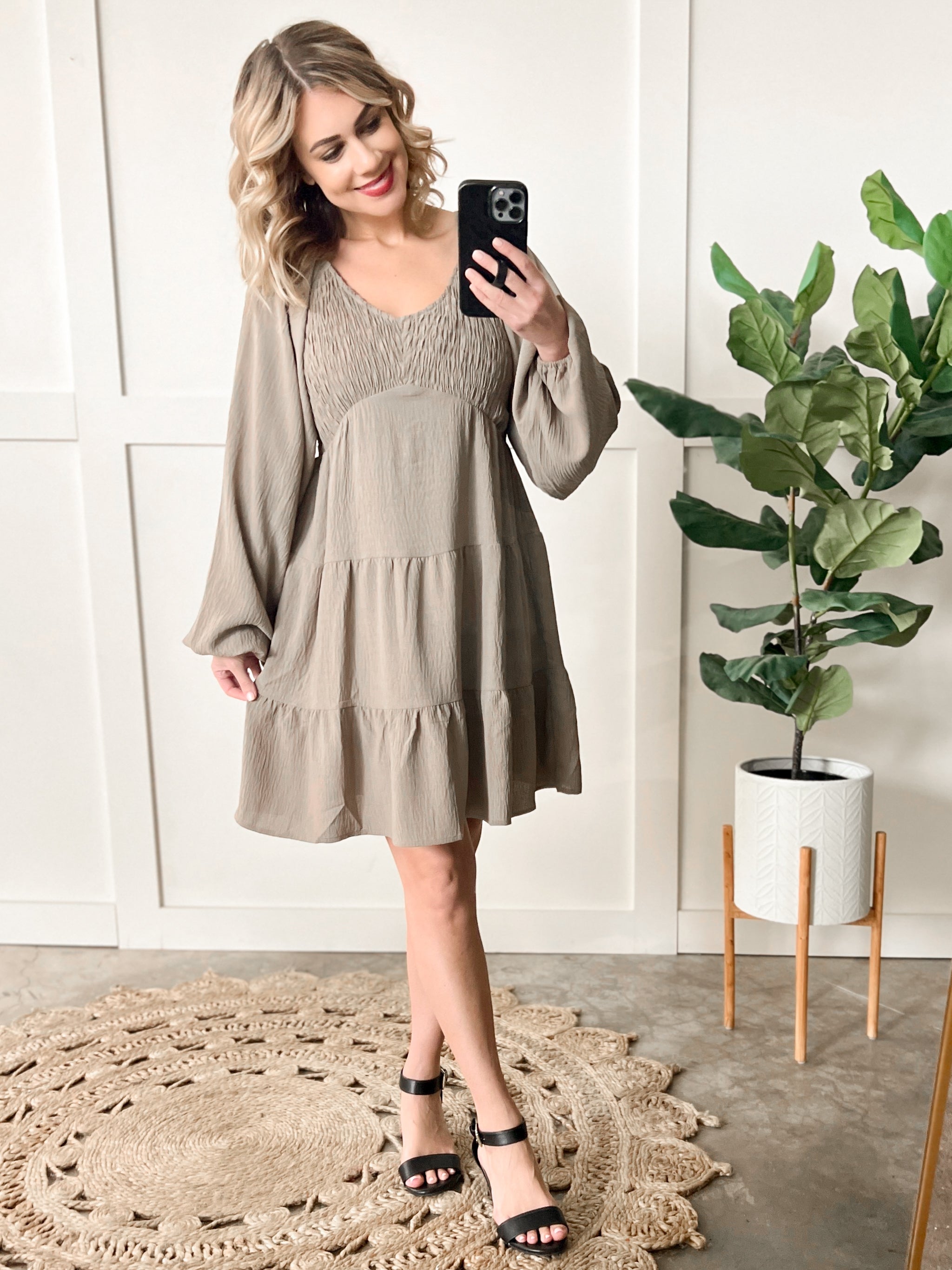 Tiered Smocked Dress With Balloon Sleeves In Taupe Kiwidrop