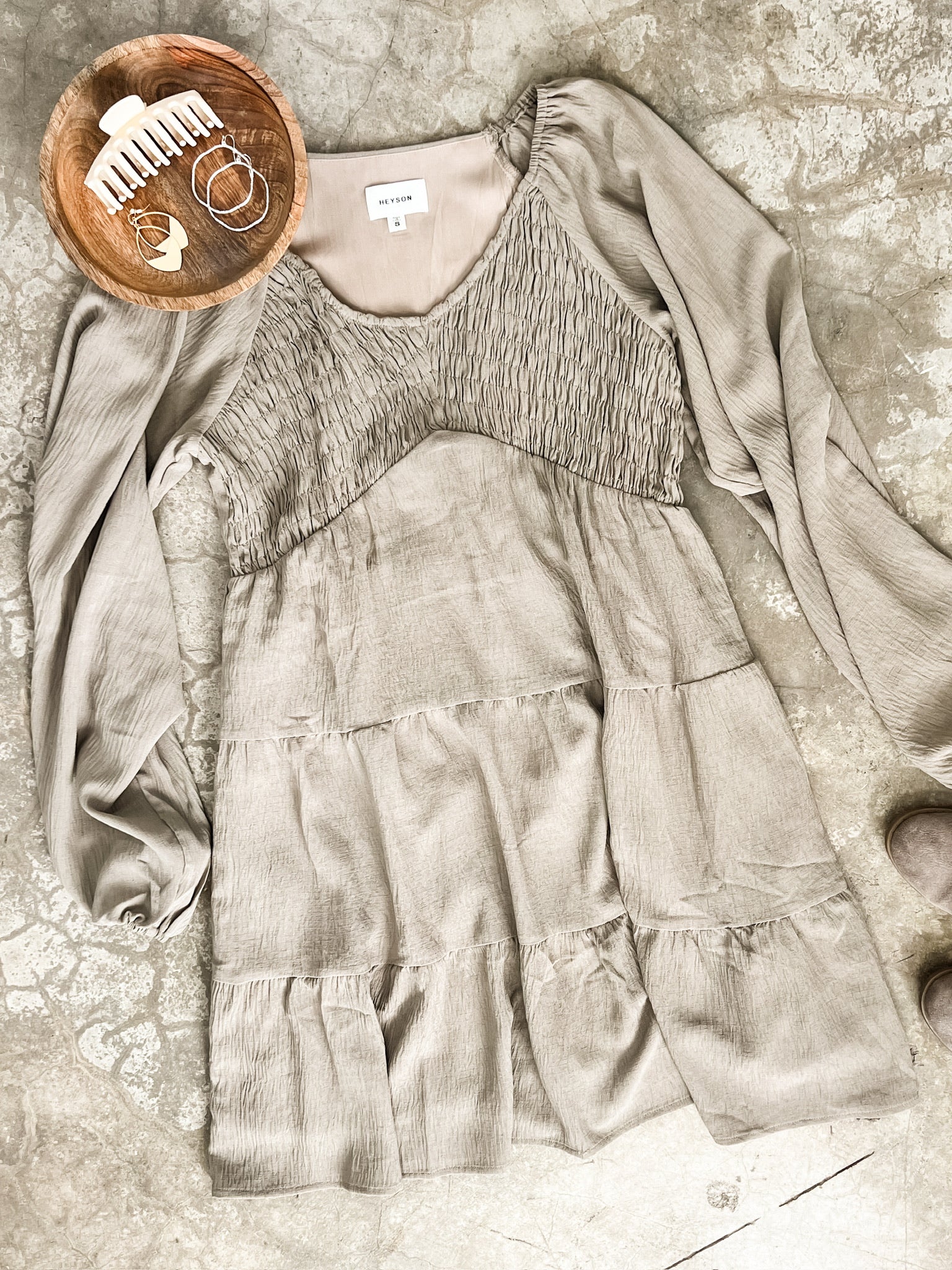 Tiered Smocked Dress With Balloon Sleeves In Taupe Kiwidrop