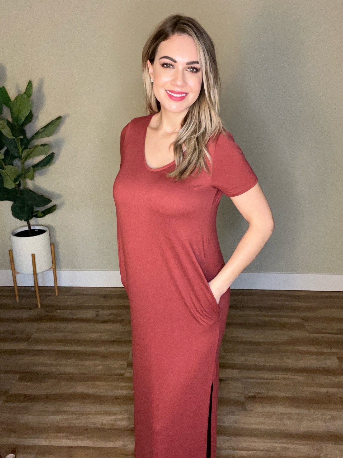 2.2 V Neck Maxi Dress With Pockets In Rosewood American Boutique Drop Ship