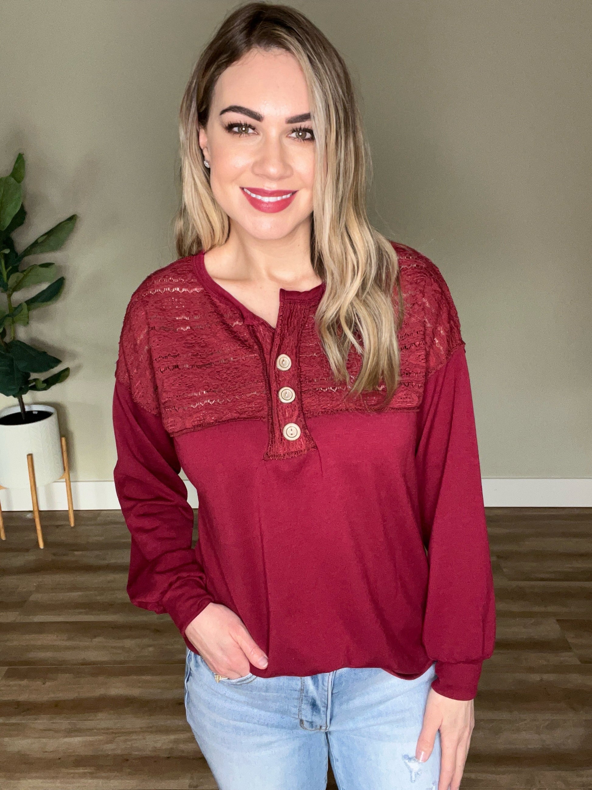 2.2 Henley Lace Front Top In Cherry American Boutique Drop Ship