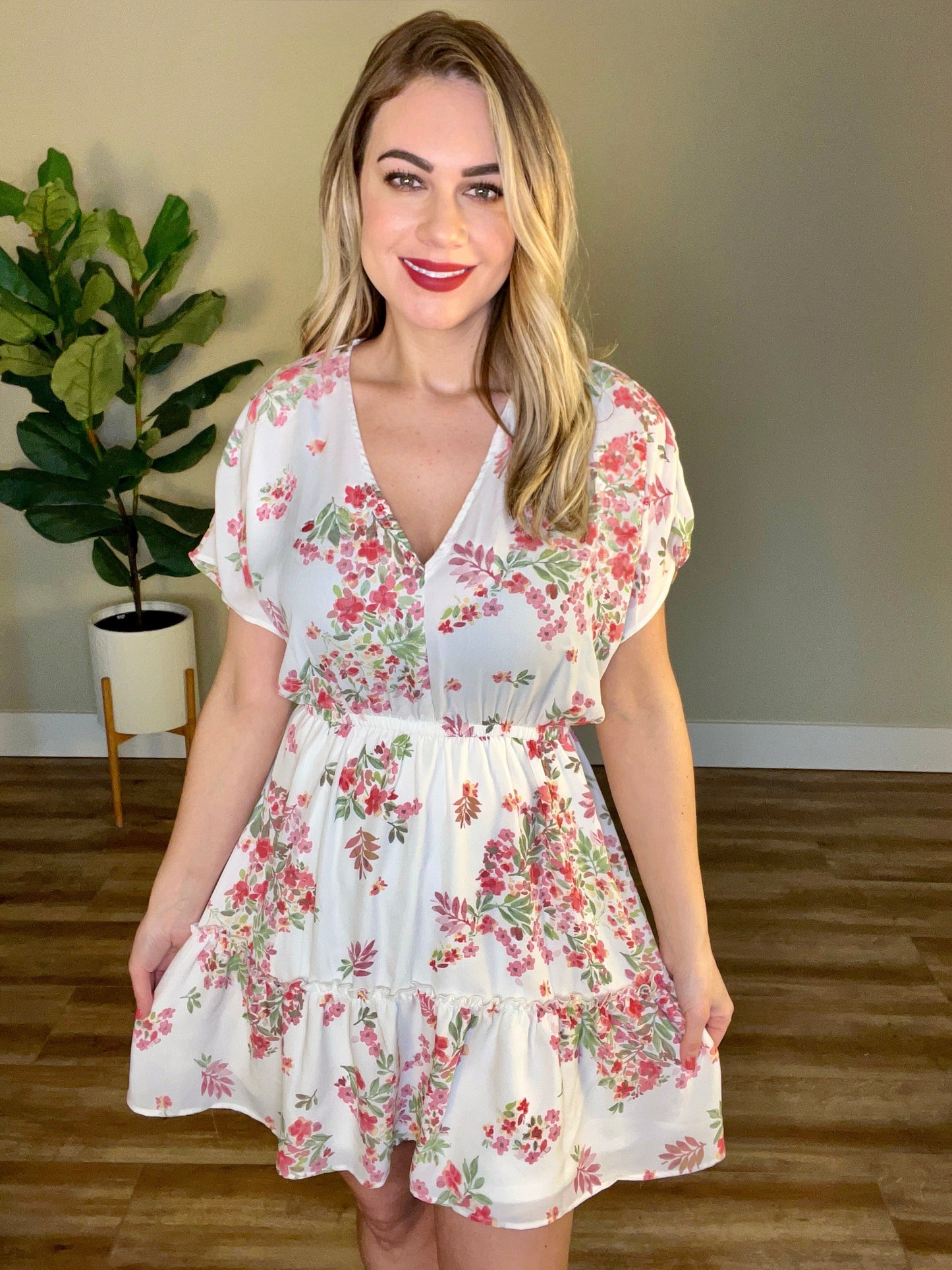 2.5 V Neck Ivory Floral Dress In Sage & Cherry American Boutique Drop Ship