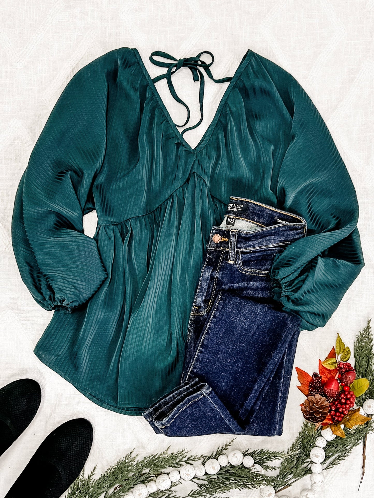 12.20 Elegant Shadow Blouse With Tie Back Detail In Midnight Emerald American Boutique Drop Ship