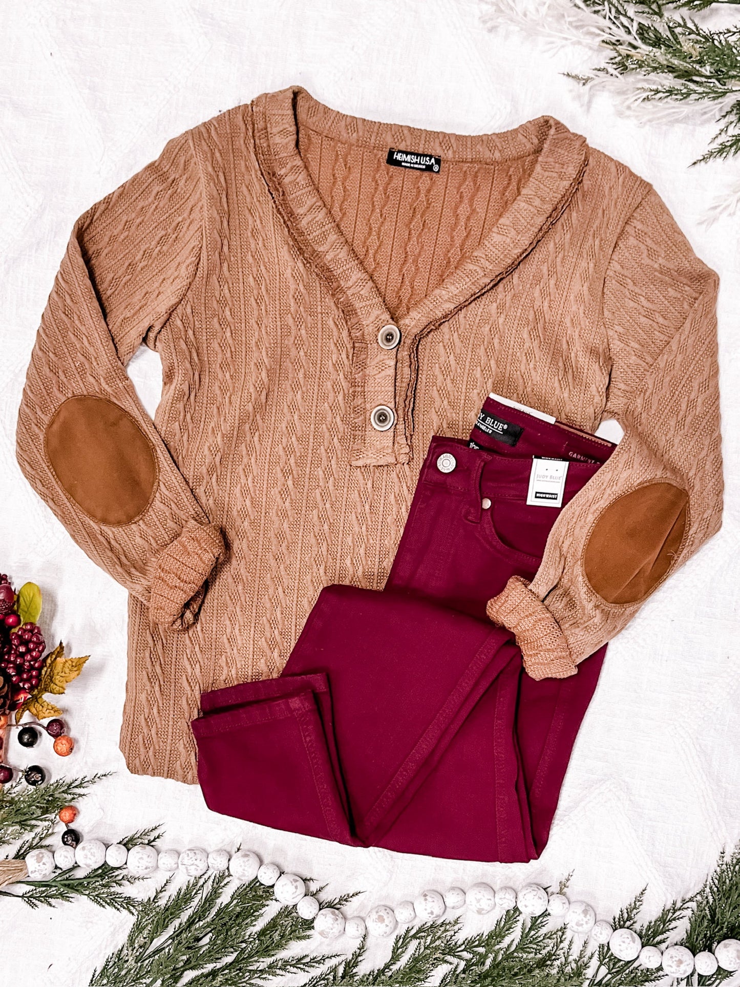 12.18 Button Front Knit Top With Elbow Patch Detail In Chesnut American Boutique Drop Ship
