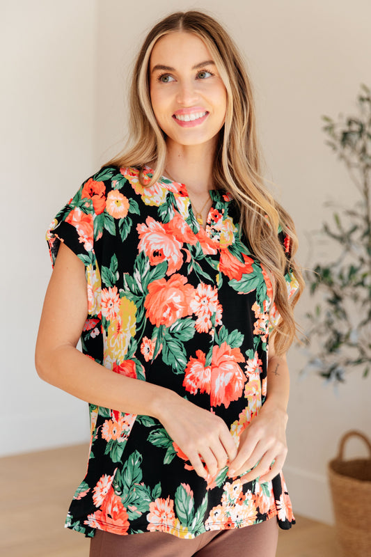 Lizzy Cap Sleeve Top in Black Garden Floral Ave Shops