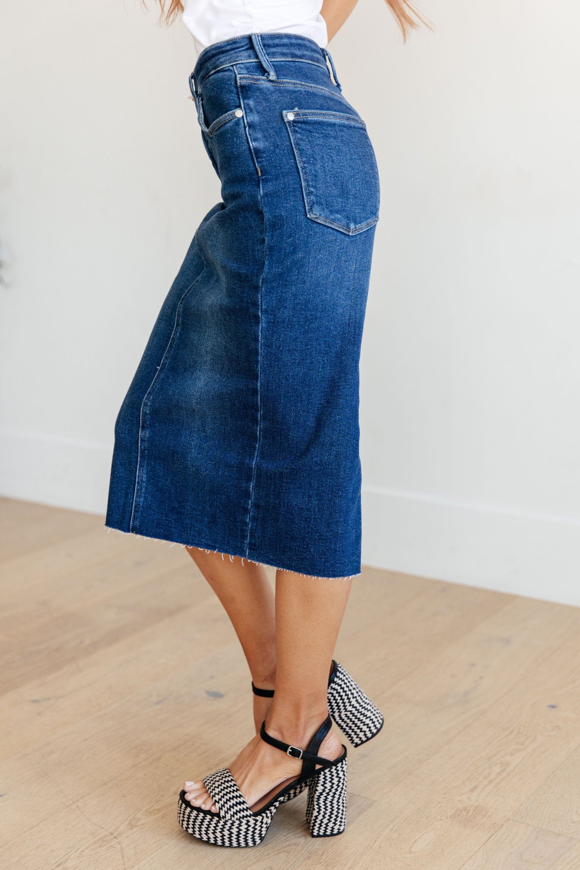 Marcy High Rise Denim Midi Skirt Ave Shops