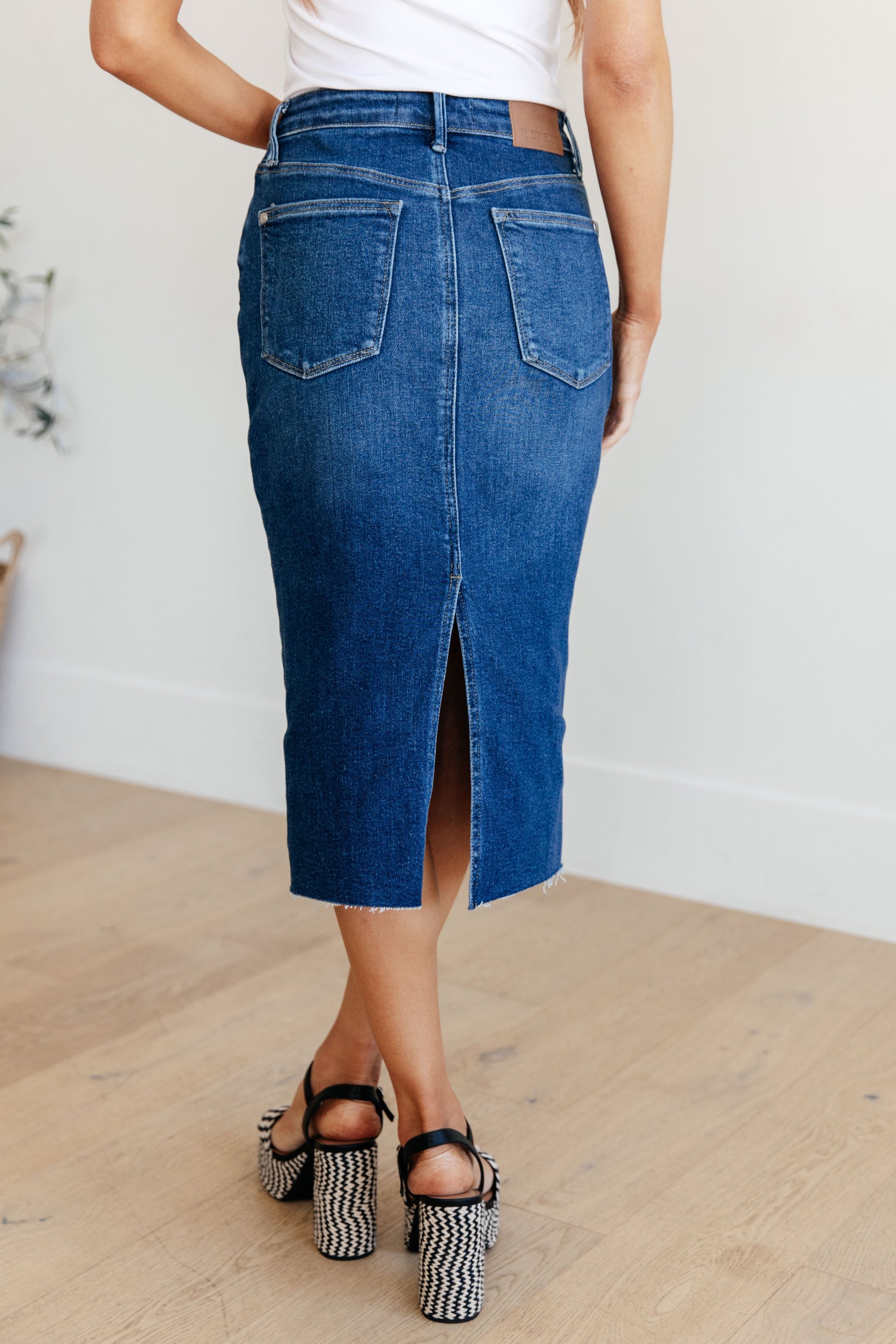 Marcy High Rise Denim Midi Skirt Ave Shops