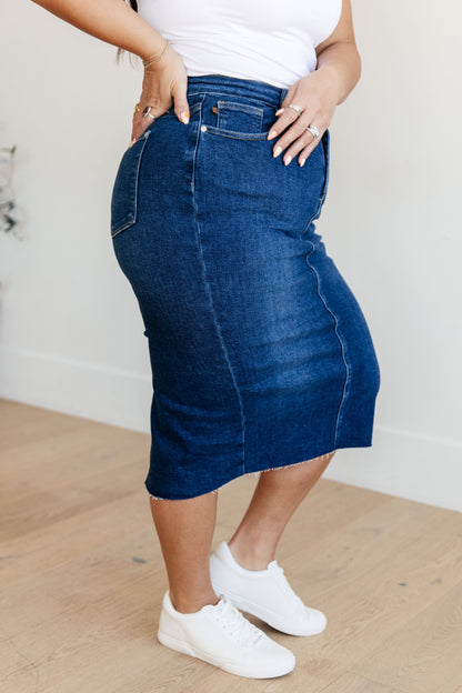 Marcy High Rise Denim Midi Skirt Ave Shops