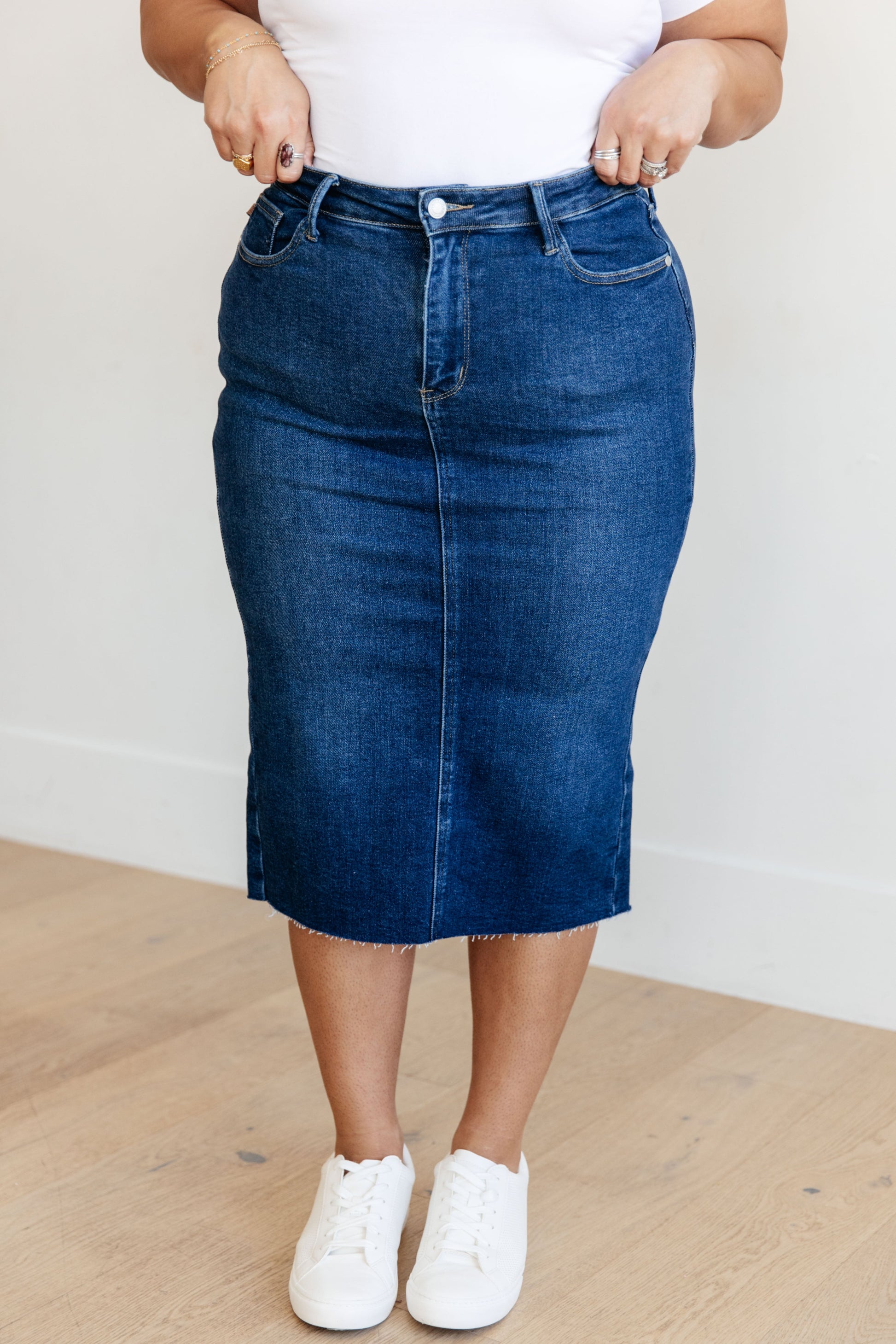 Marcy High Rise Denim Midi Skirt Ave Shops