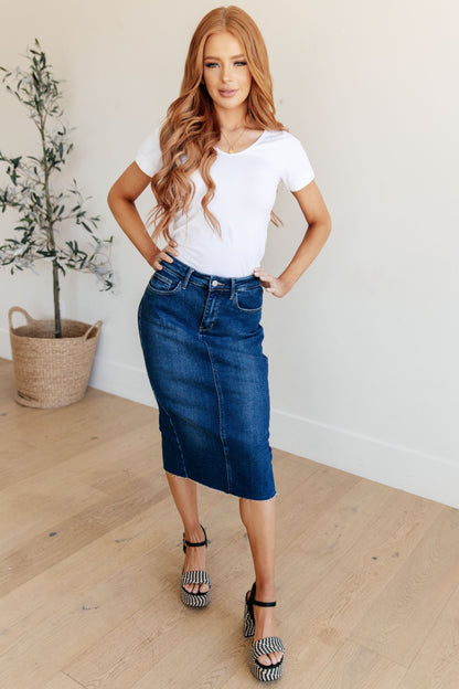 Marcy High Rise Denim Midi Skirt Ave Shops