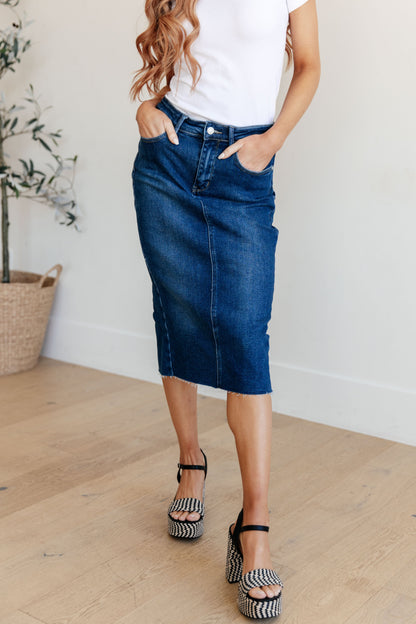 Marcy High Rise Denim Midi Skirt Ave Shops