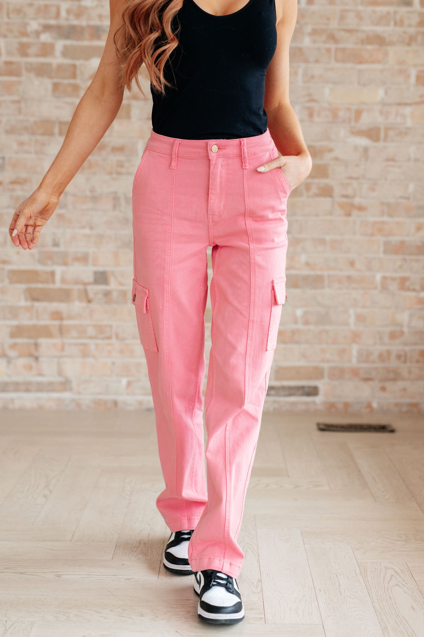 Peggy High Rise Cargo Straight Jeans in Pink Ave Shops