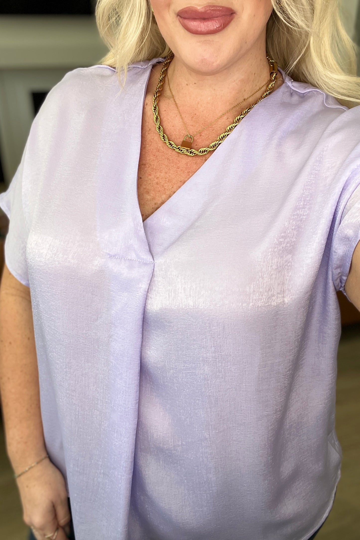 Pleat Front V-Neck Top in Lavender Ave Shops