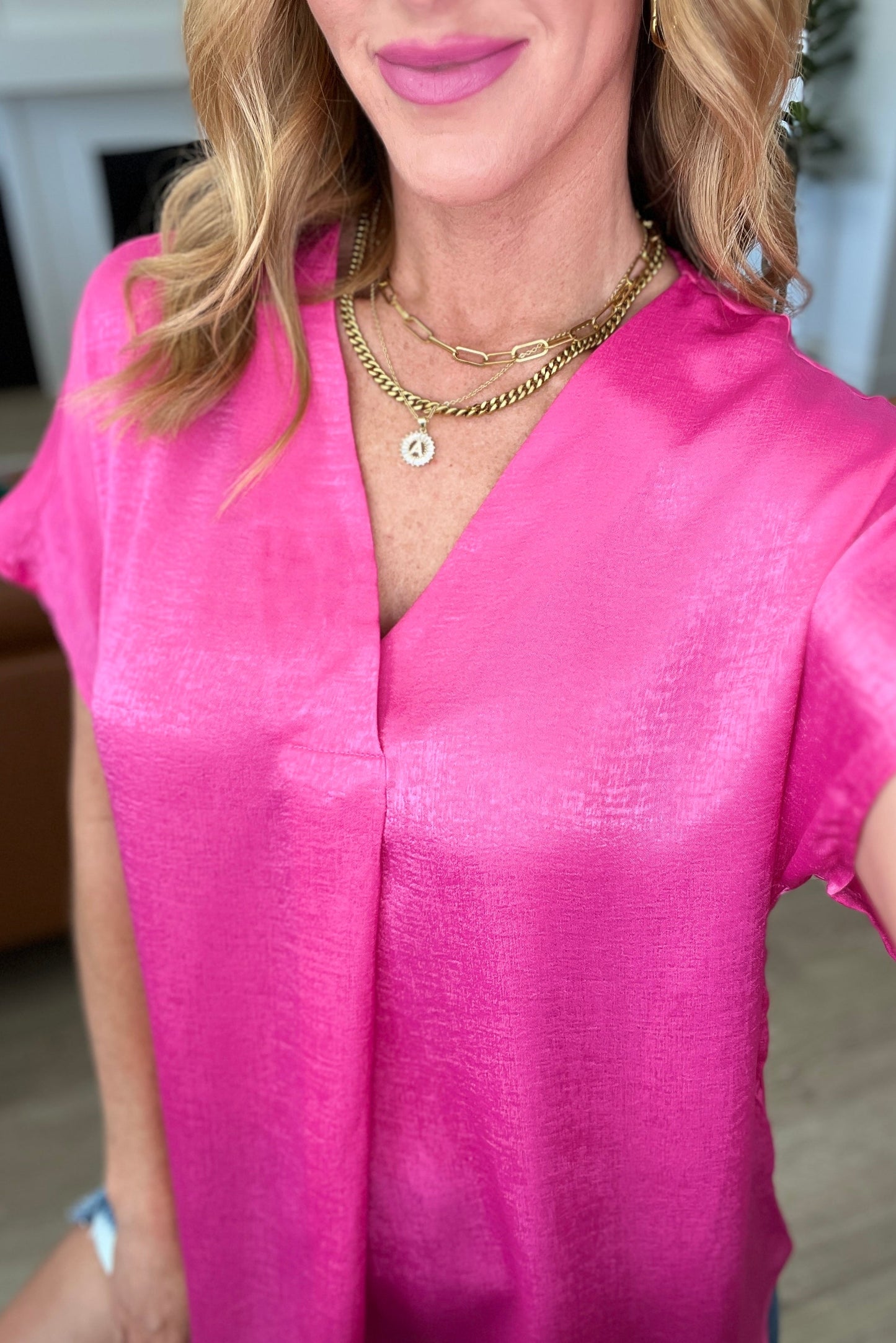 Pleat Front V-Neck Top in Hot Pink Ave Shops