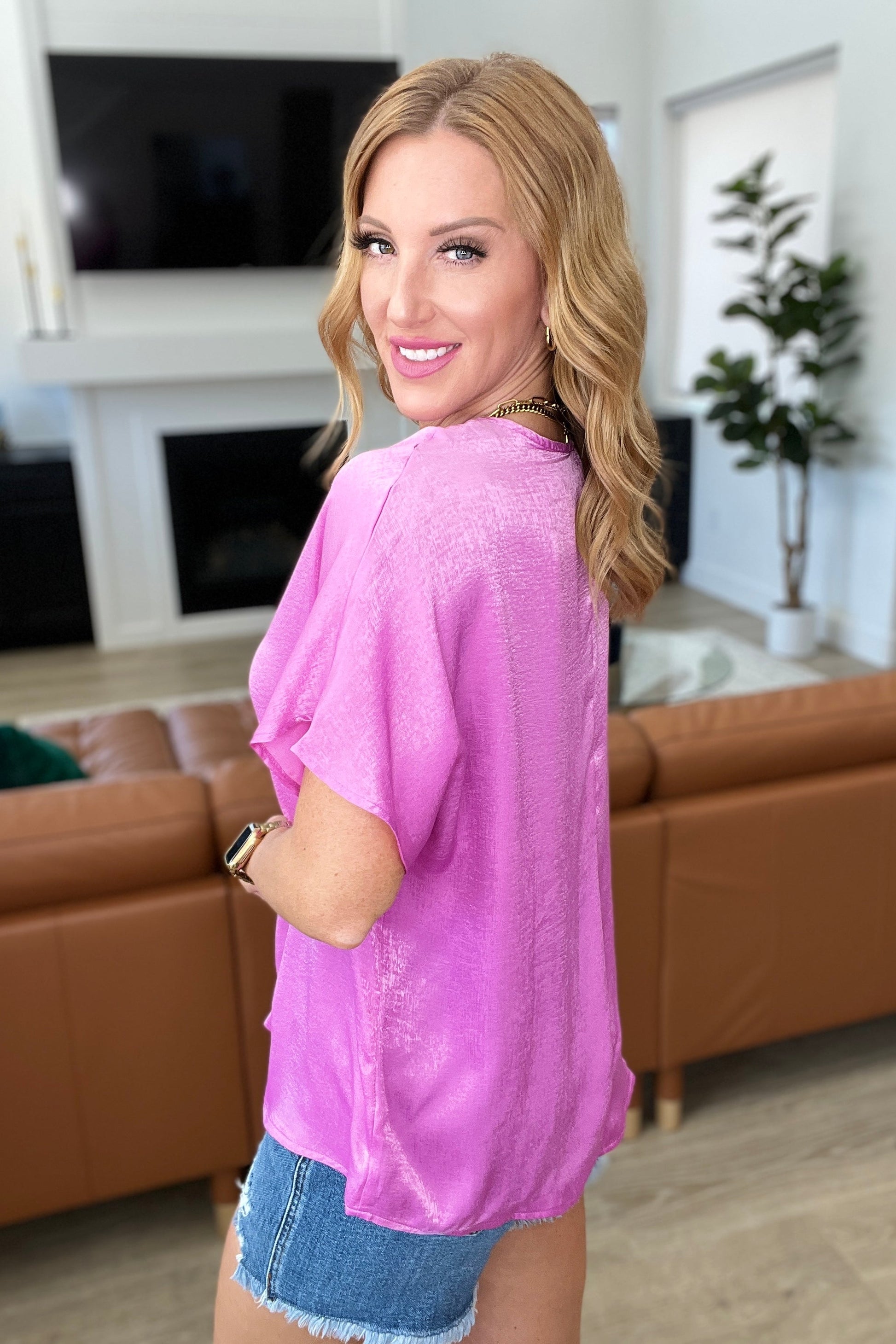 Pleat Front V-Neck Top in Spring Orchid Ave Shops