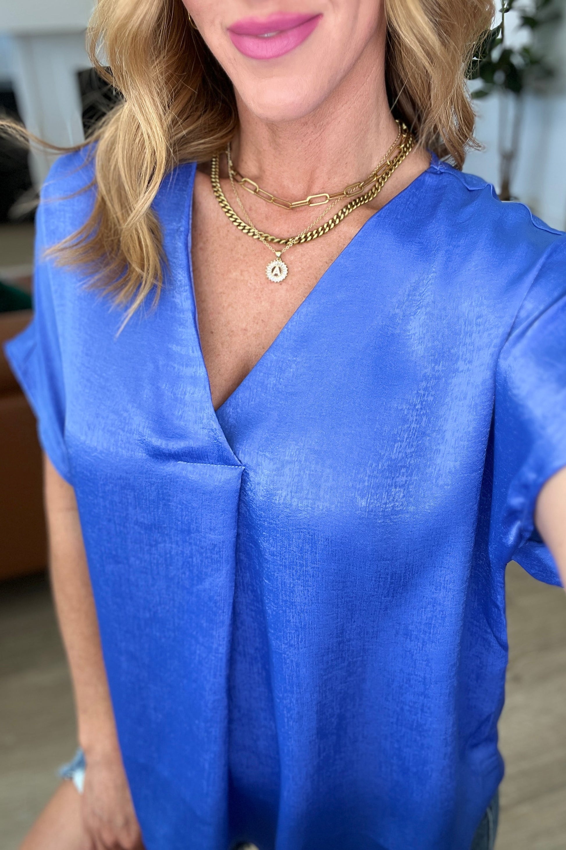 Pleat Front V-Neck Top in Royal Blue Ave Shops